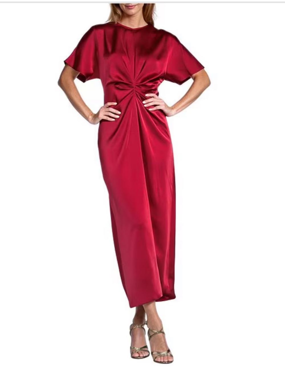 NWT Antonio Melani Gabriella Satin Ruched Jewel Neck Short Sleeve Flounce Dress